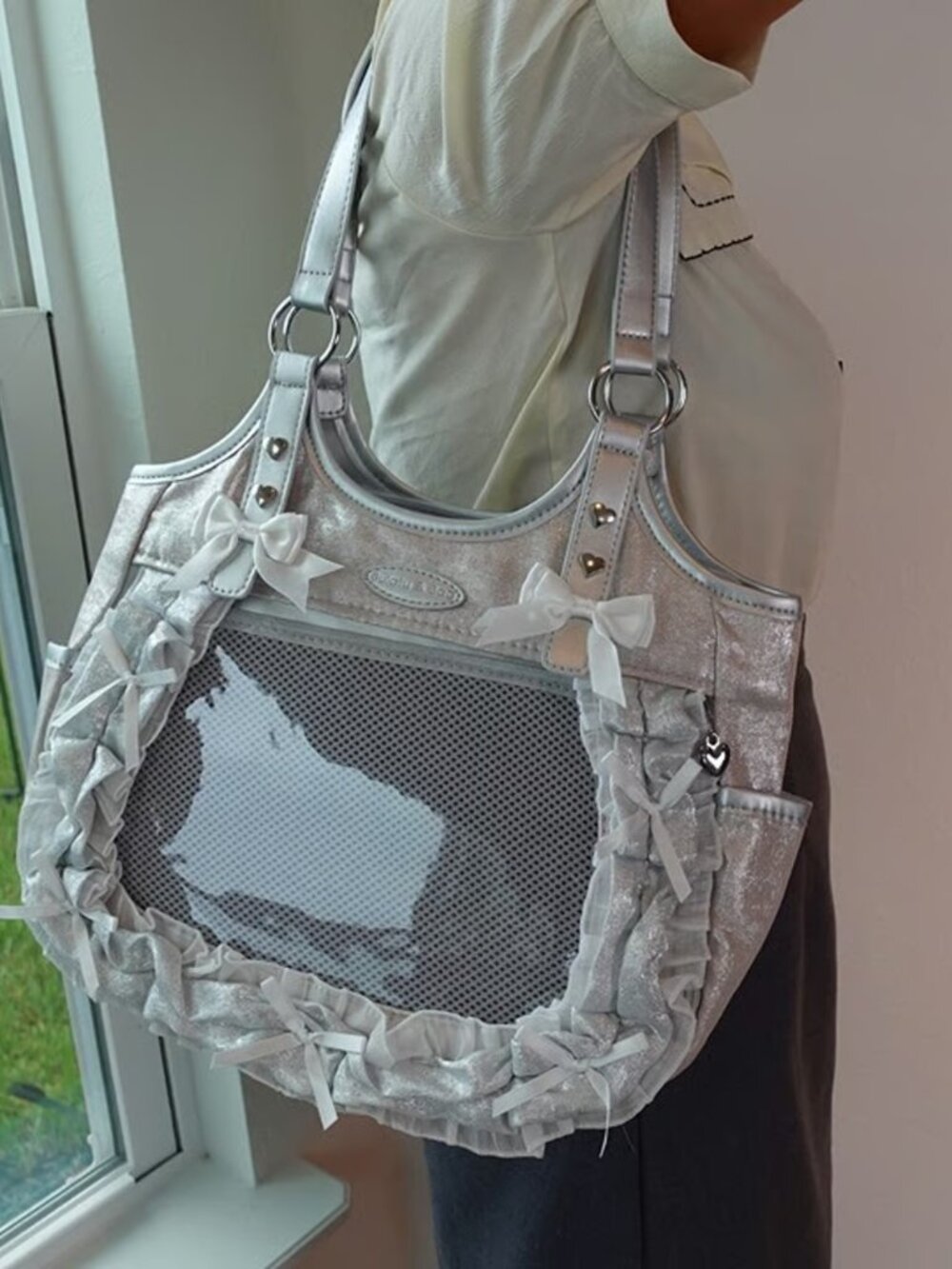 Silver White Bow Ita Bag Y2K Coquette Kawaii Anime Crossbody Shoulder ItaBag